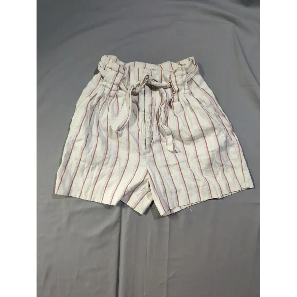 Anthropologie Striped Linen Blend Paperbag Waist Shorts Pink Tan Cream‎ Size 4
